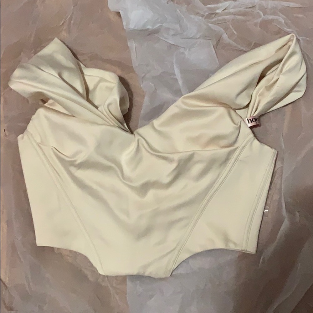 Ivory satin draped shoulder corset top